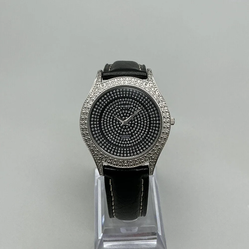 Akribos XXIV AK464BK Womens Watch 36mm Black Dial Leather Diamond New Battery